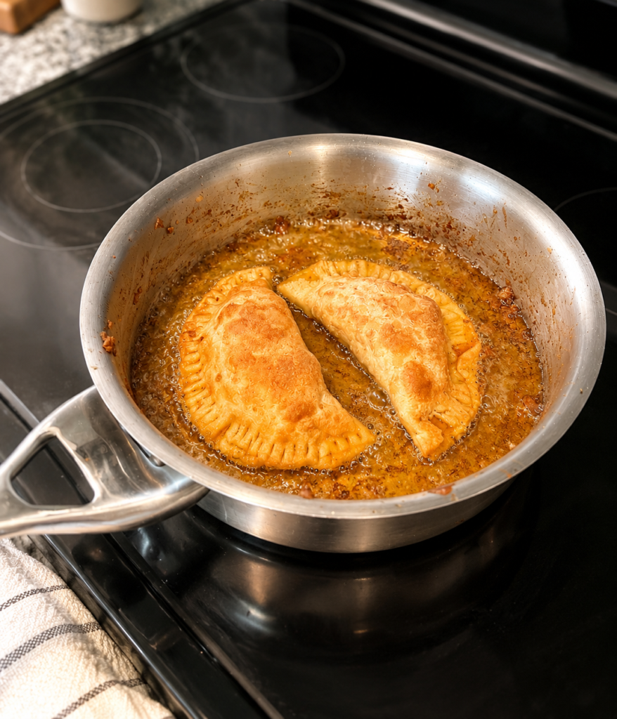 empanadas frying in skillet