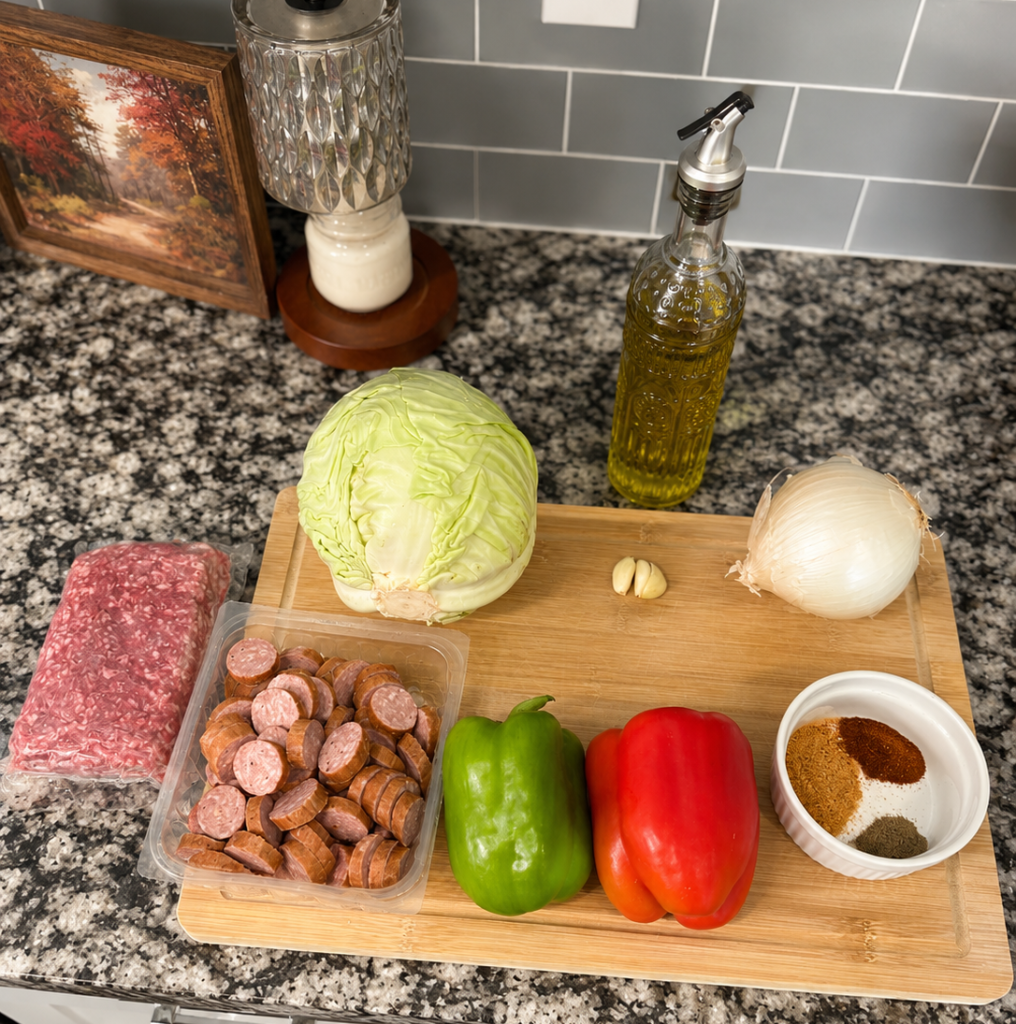ingredients cajun beef & andouille cabbage skillet