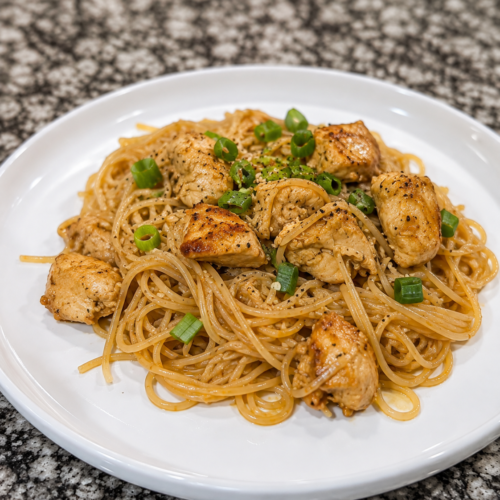 new cover photo for sticky garlic chicken noodles
