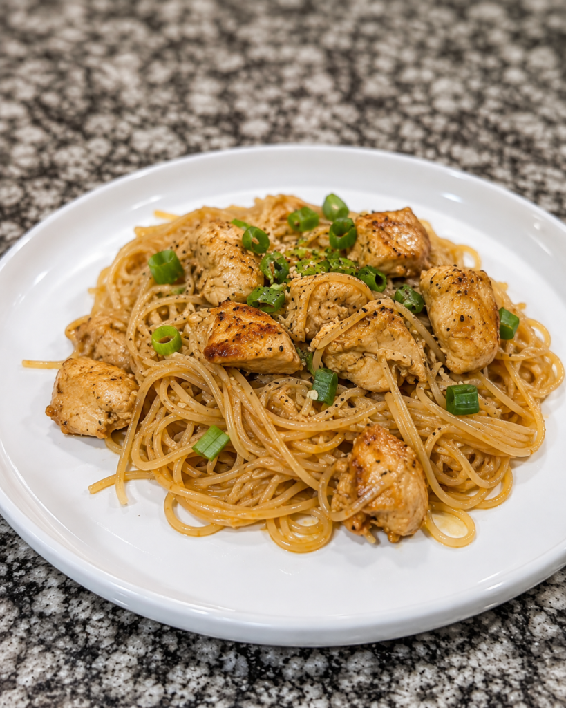 new cover photo for sticky garlic chicken noodles