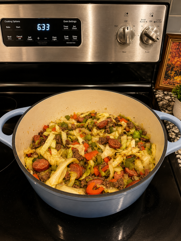 step 5 cajun beef & andouille cabbage skillet