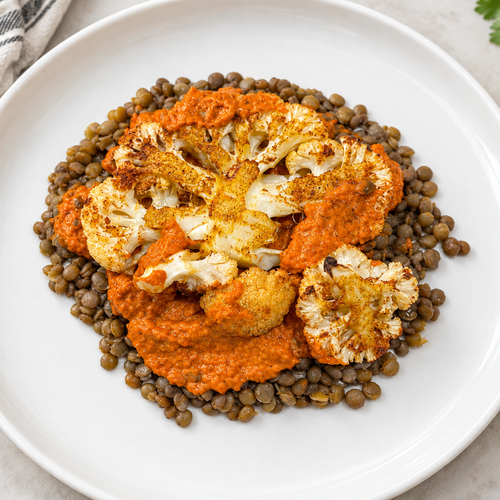Smoky Cauliflower Steaks with Lentils and Roasted Pepper Almond Sauce