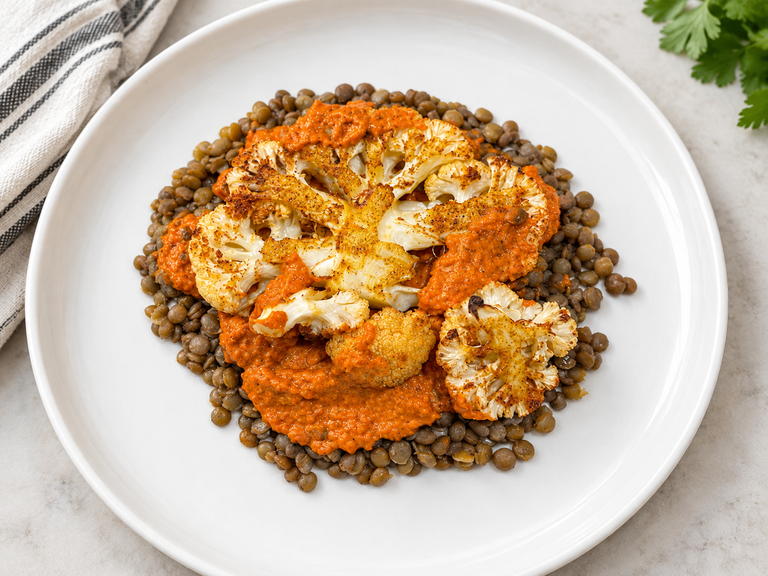 Smoky Cauliflower Steaks with Lentils and Roasted Pepper Almond Sauce