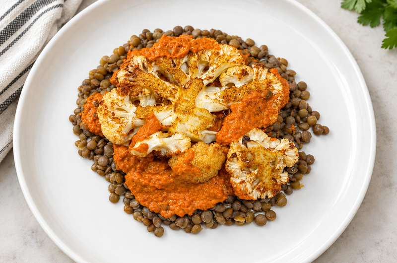 Smoky Cauliflower Steaks with Lentils & Roasted Pepper Almond Sauce